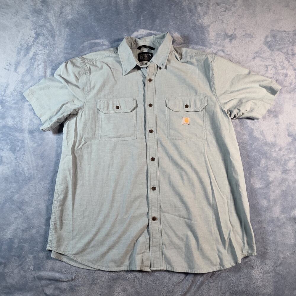 Carhartt Men’s XL Loose Fit Short Sleeve Button Down Work Shirt Light Blue